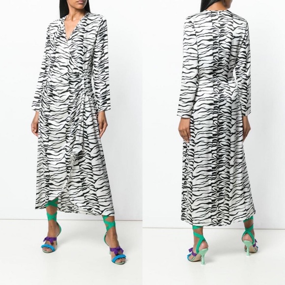 RIXO London Betty Mono Tiger Long Sleeve Wrap Dress Zebra Animal Print Women XS - Picture 14 of 14